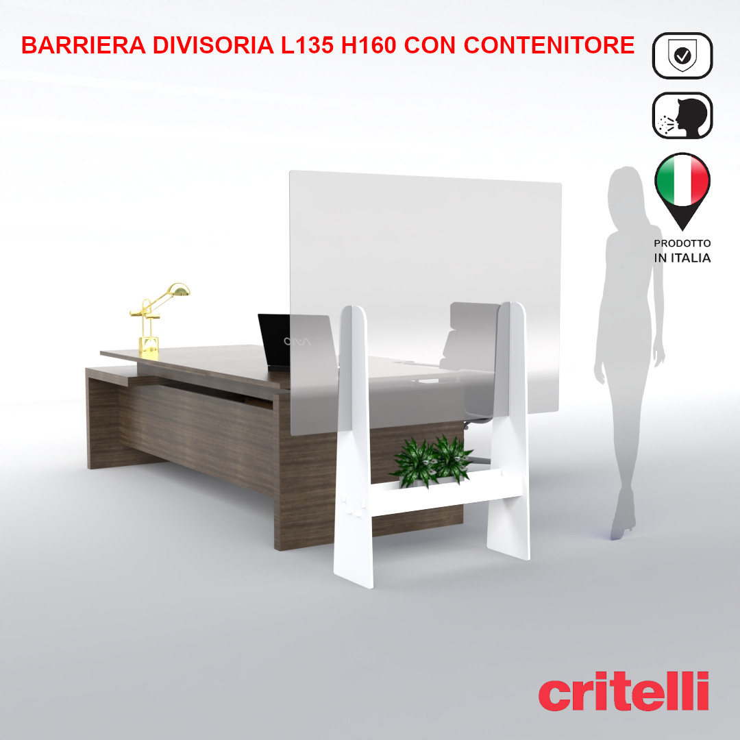 Barriera plexiglass e policarbonato parafiato divisoria trasparente fumè L135 H160 cm con vano contenitore bianco - immagine 4
