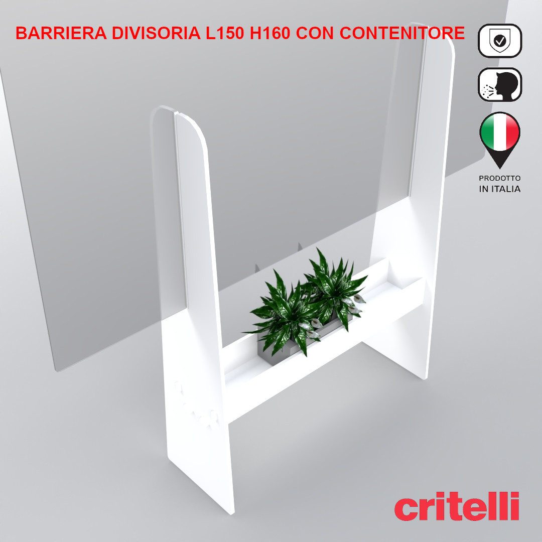 Barriera plexiglass e policarbonato parafiato divisoria trasparente fumè L135 H160 cm con vano contenitore bianco - immagine 6