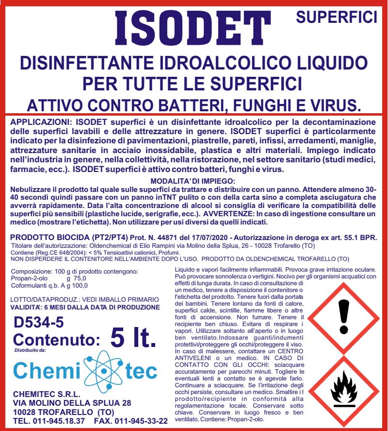 Disinfettante Alcolico 75% Indicato per la Pulizia e Disinfezione da Batteri Germi e Virus di tutte le Superfici Lavabili ISODET 5 Litri - immagine 3